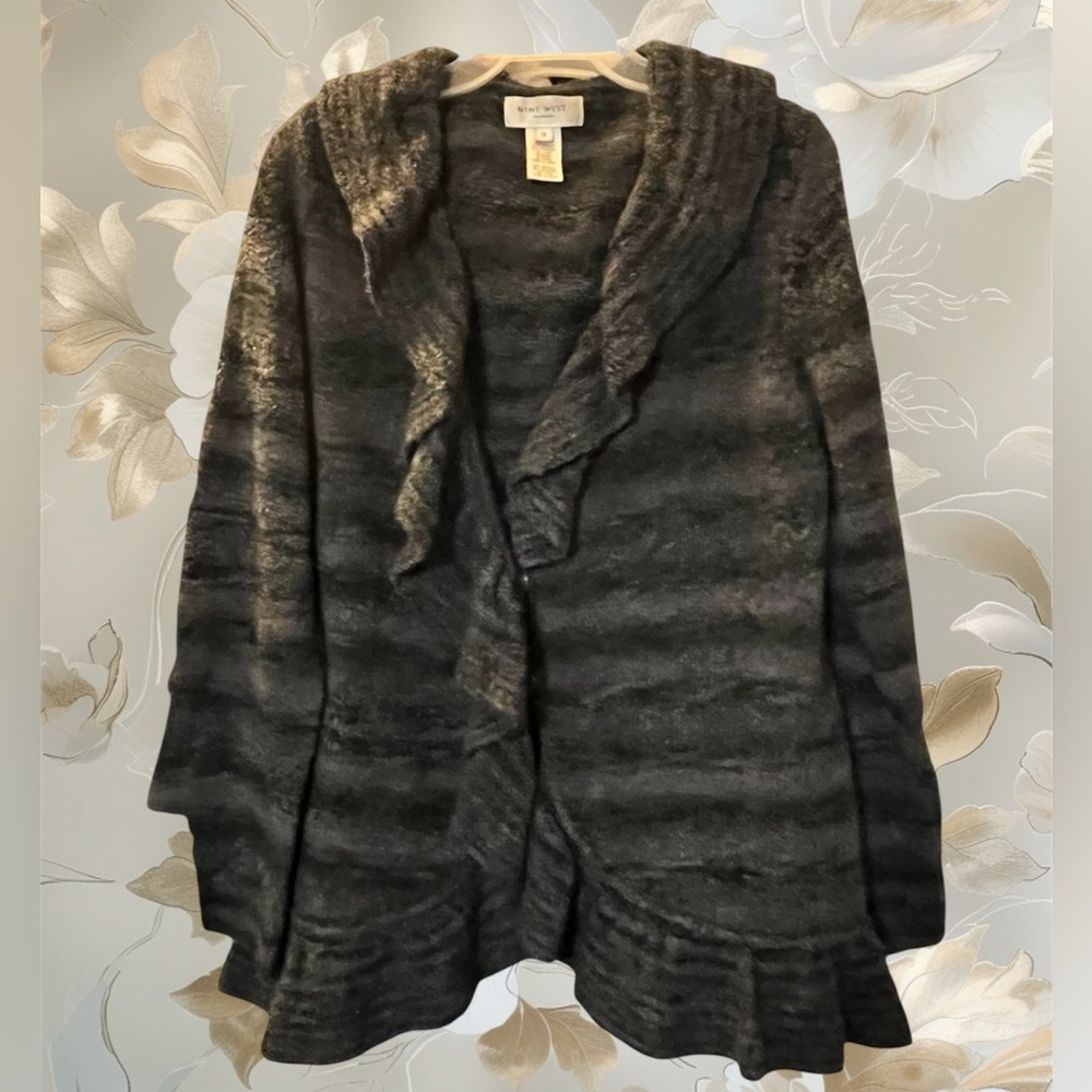 Nine West NWOT Charcoal Cardigan with Ruffle Trim